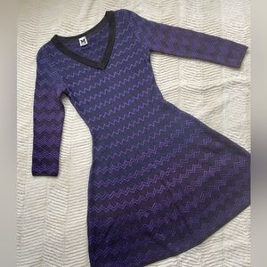 MISSONI Chevron Long Sleeve Slip on Dress VNeck - purple black metallic